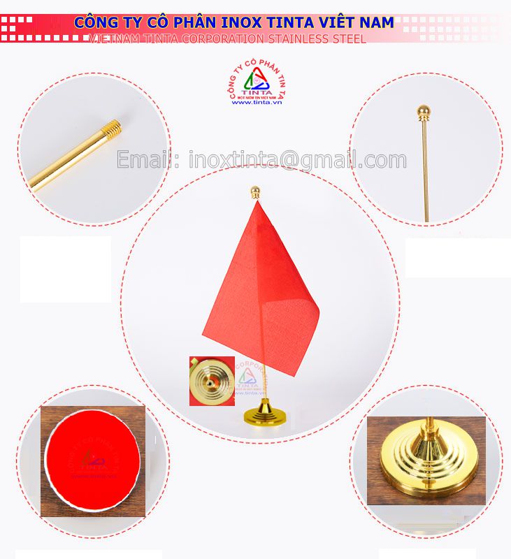 Mẫu cờ để bàn 1 lá inox mạ vàng với thiết kế tinh tế, phù hợp trang trí bàn làm việc và phòng họp, tạo điểm nhấn chuyên nghiệp cho không gian.