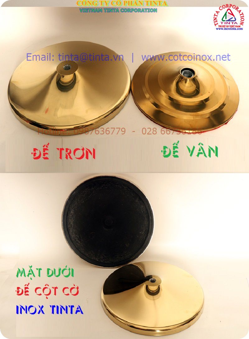 Hình ảnh của chân đế cắm cờ mẫu đế trơn và đế hoa văn inox vàng titan dùng cho cột cờ inox văn phòng cao 2 mét