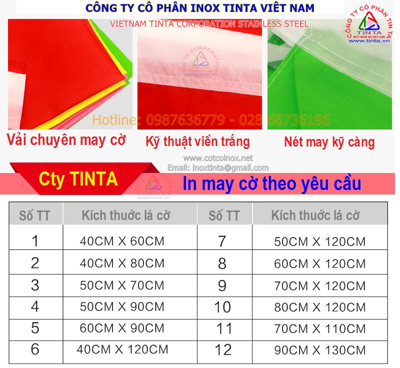 Kích thước lá cờ để bàn, văn phòng, ngoài trời và lá cờ tổ quốc Việt Nam và cột cờ inox 304.