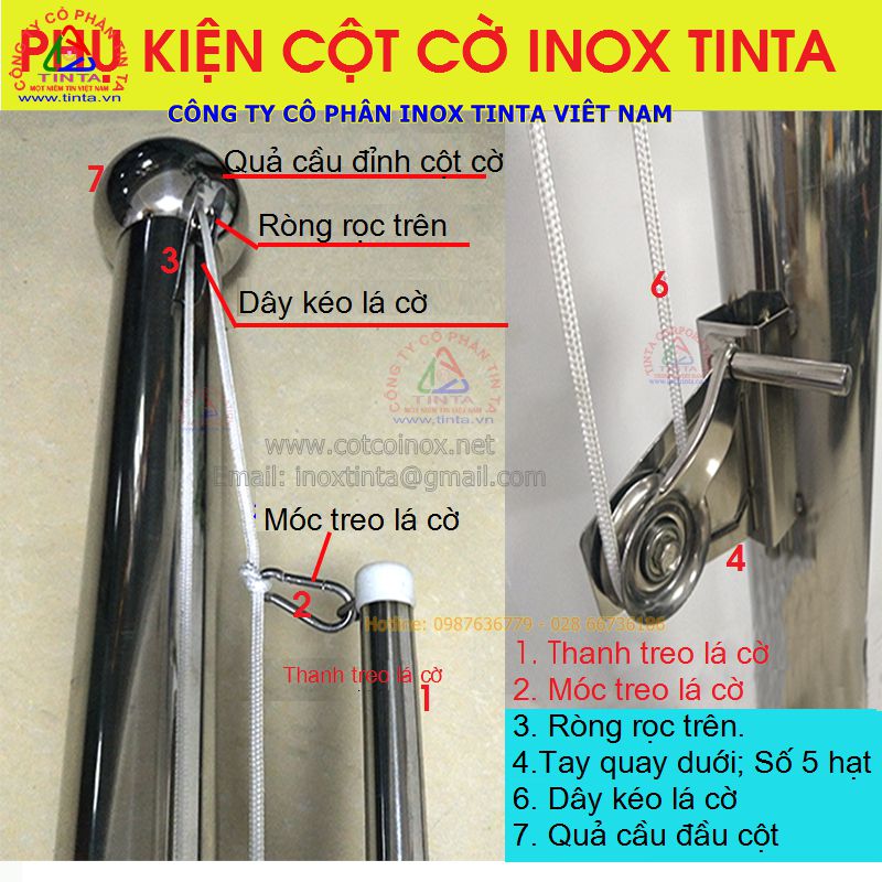 Phụ kiện cột cờ giá rẻ, ròng rọc inox, tay quay kéo cờ làm bằng inox 201 304 316 dây cáp phụ kiện kép cột cờ . TinTa trực tiếp gia công bán lẻ phụ kiện cột cờ inox với giá rẻ. 